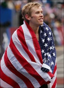 Utah Valley Marathon-Marathoner draped in USA flag